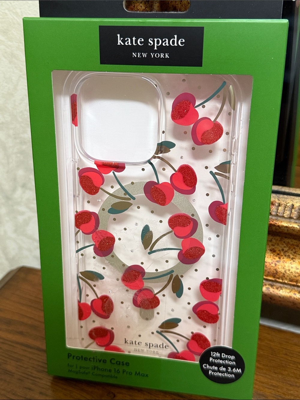 kate spade iPhone 16 Pro Max Clear Cherry Case in Red and Green. MagSafe.